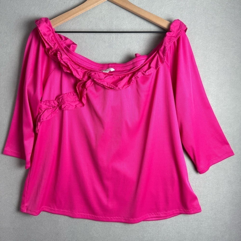 Cato Women’s Pink Ruffle Trim Off the Shoulder 3/4 Sleeve Ribbed Blouse size XL